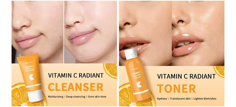 Lakerain Vitamin C Skin Care Set Whitening Cream Dark Spots Serum Dark Circle Eye Facial Cleaning Moisturizing Sunscreen Kits