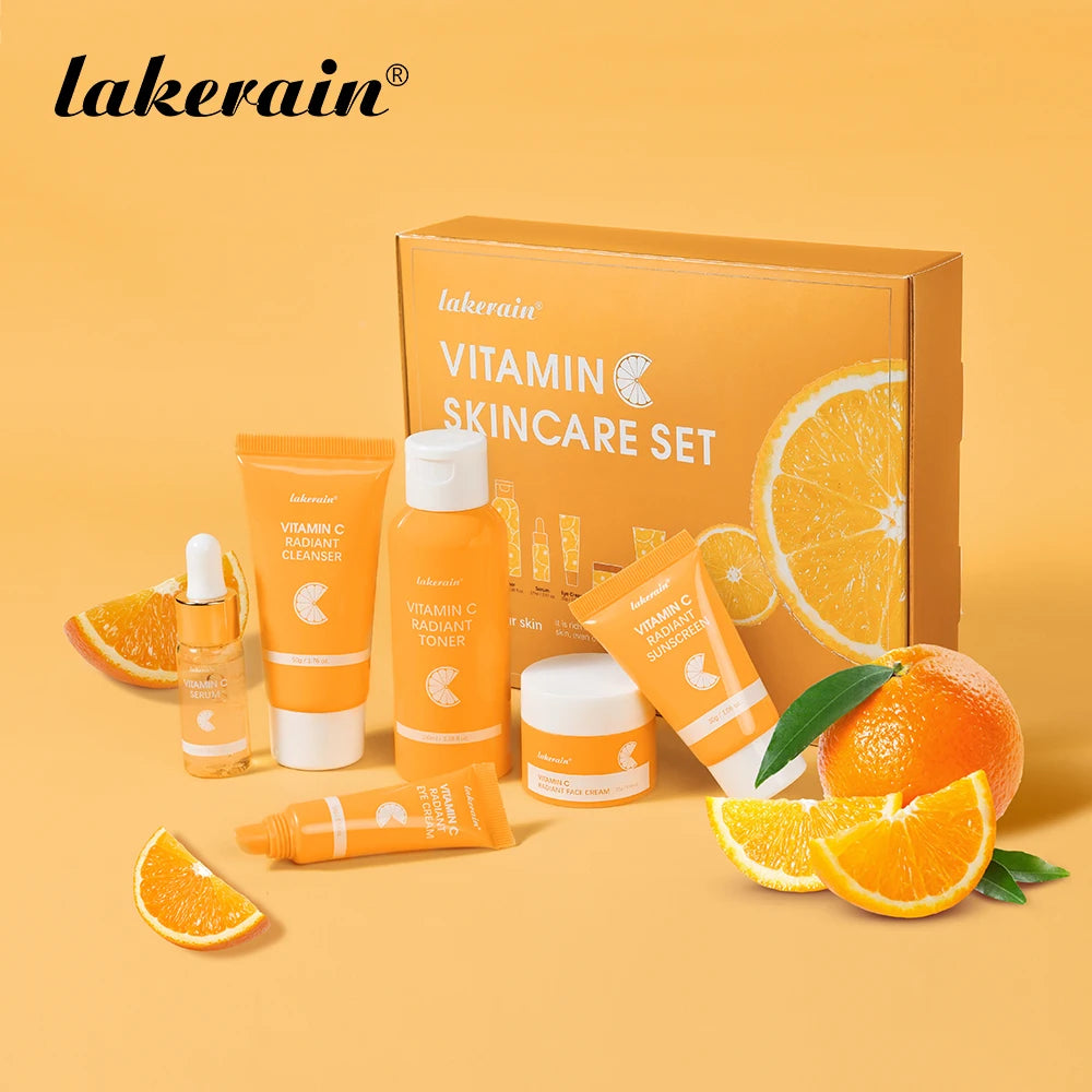 Lakerain Vitamin C Skin Care Set Whitening Cream Dark Spots Serum Dark Circle Eye Facial Cleaning Moisturizing Sunscreen Kits