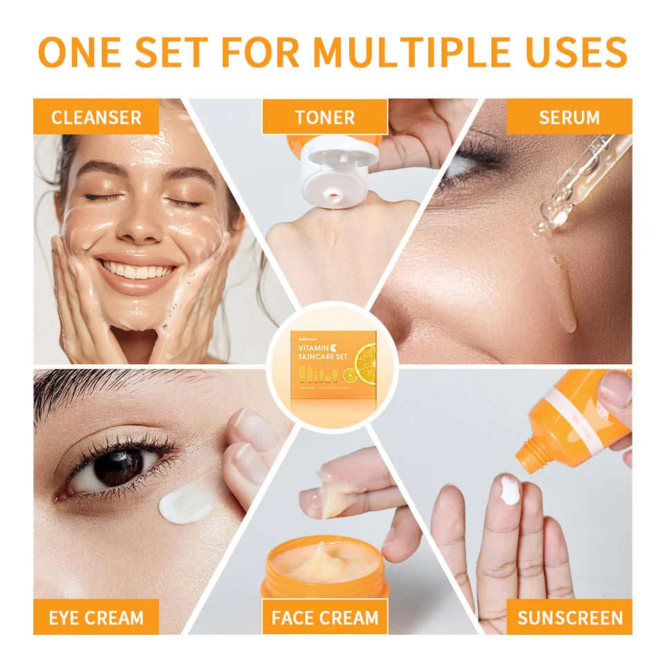 Lakerain Vitamin C Skin Care Set Whitening Cream Dark Spots Serum Dark Circle Eye Facial Cleaning Moisturizing Sunscreen Kits