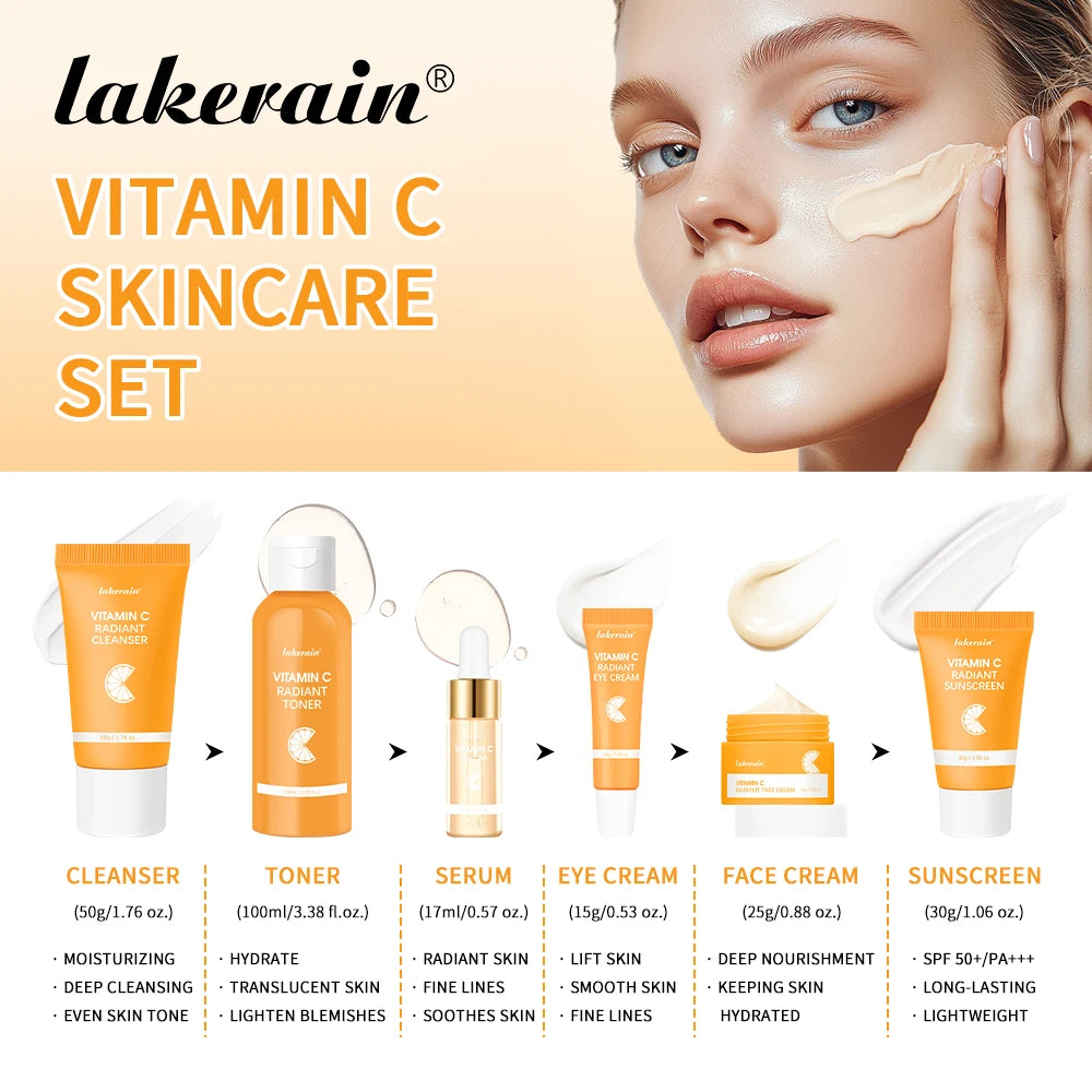 Lakerain Vitamin C Skin Care Set Whitening Cream Dark Spots Serum Dark Circle Eye Facial Cleaning Moisturizing Sunscreen Kits