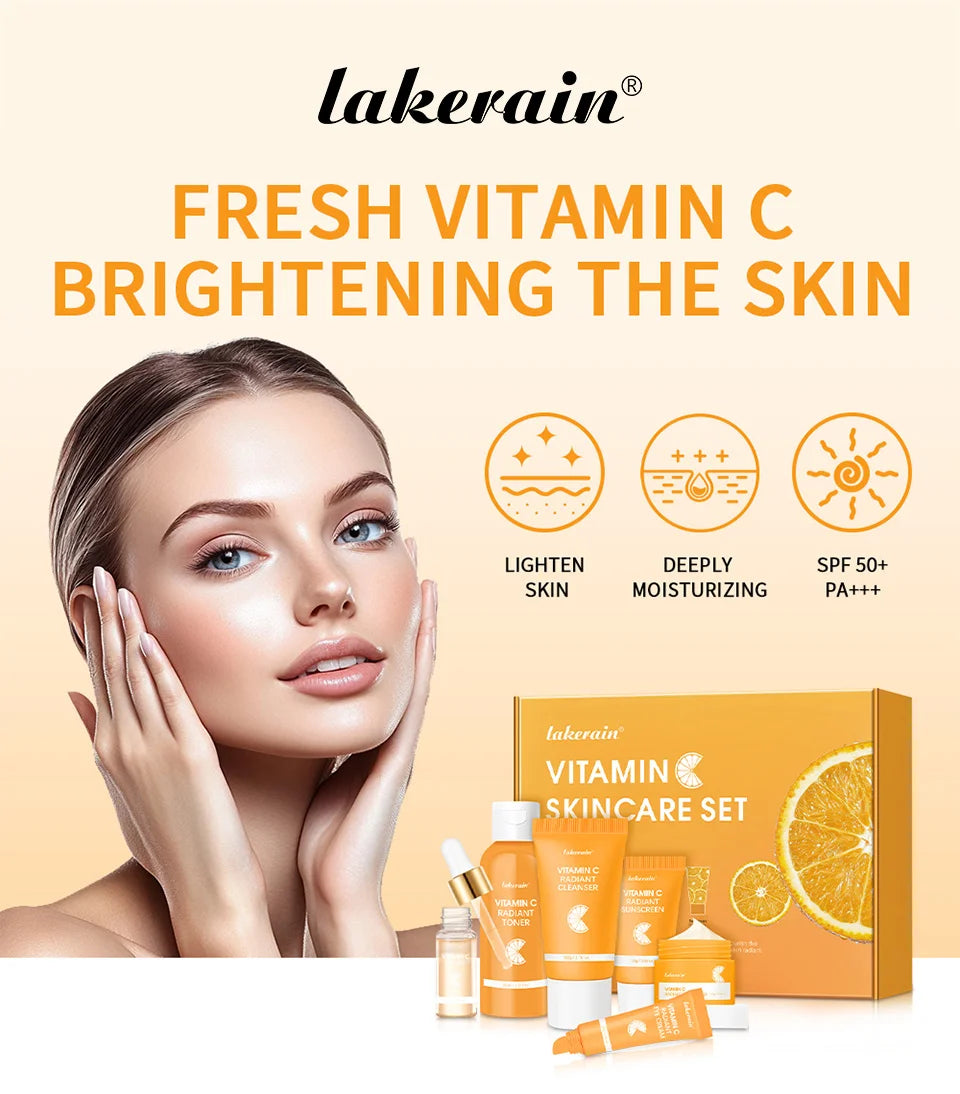 Lakerain Vitamin C Skin Care Set Whitening Cream Dark Spots Serum Dark Circle Eye Facial Cleaning Moisturizing Sunscreen Kits
