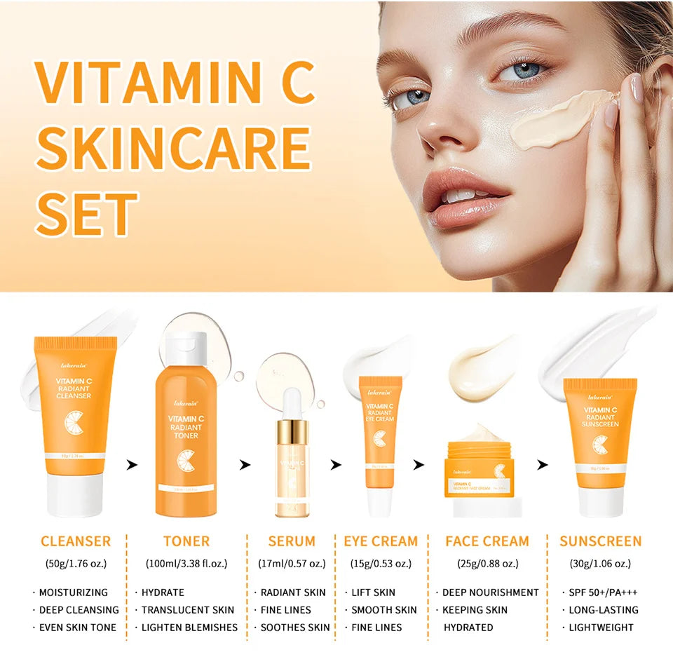 Lakerain Vitamin C Skin Care Set Whitening Cream Dark Spots Serum Dark Circle Eye Facial Cleaning Moisturizing Sunscreen Kits