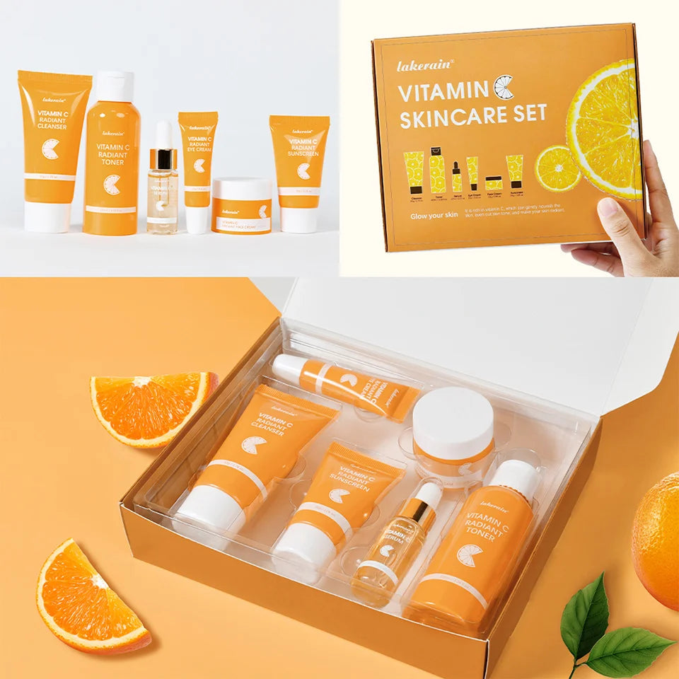 Lakerain Vitamin C Skin Care Set Whitening Cream Dark Spots Serum Dark Circle Eye Facial Cleaning Moisturizing Sunscreen Kits