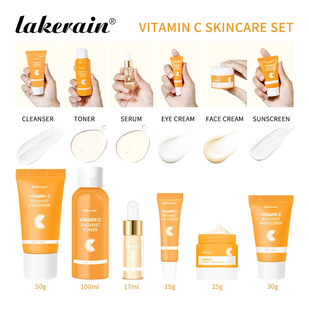 Lakerain Vitamin C Skin Care Set Whitening Cream Dark Spots Serum Dark Circle Eye Facial Cleaning Moisturizing Sunscreen Kits