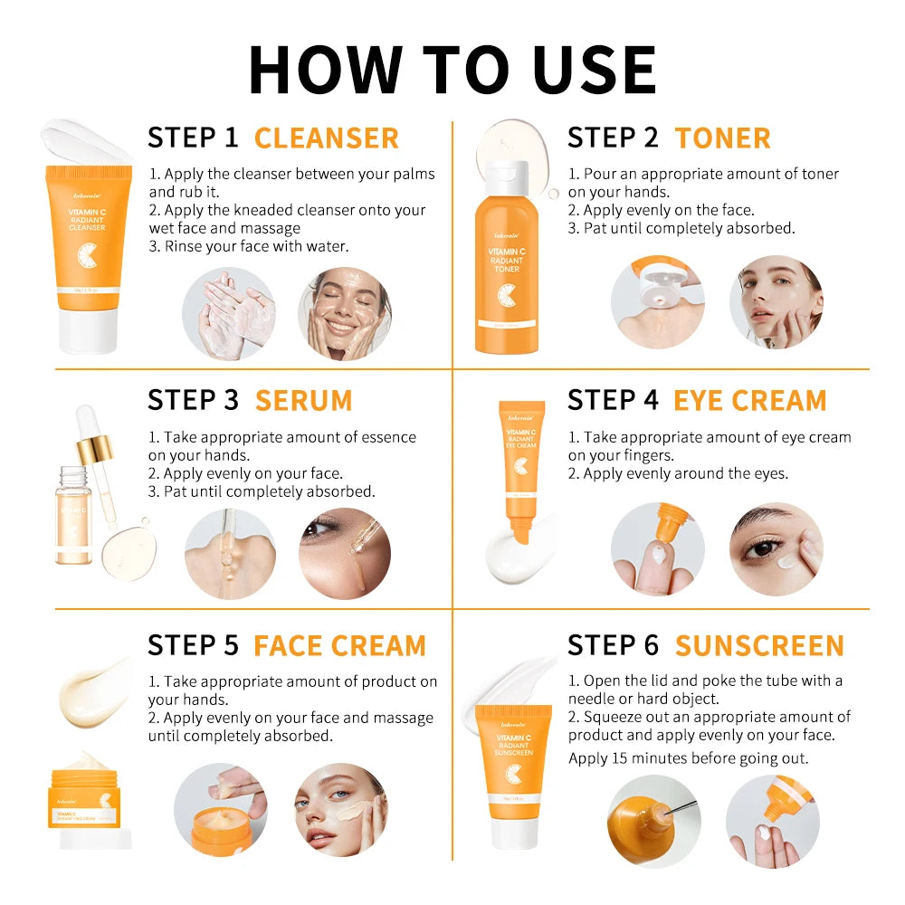 Lakerain Vitamin C Skin Care Set Whitening Cream Dark Spots Serum Dark Circle Eye Facial Cleaning Moisturizing Sunscreen Kits