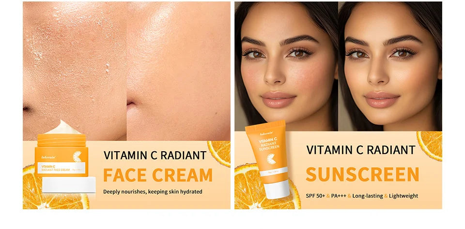 Lakerain Vitamin C Skin Care Set Whitening Cream Dark Spots Serum Dark Circle Eye Facial Cleaning Moisturizing Sunscreen Kits