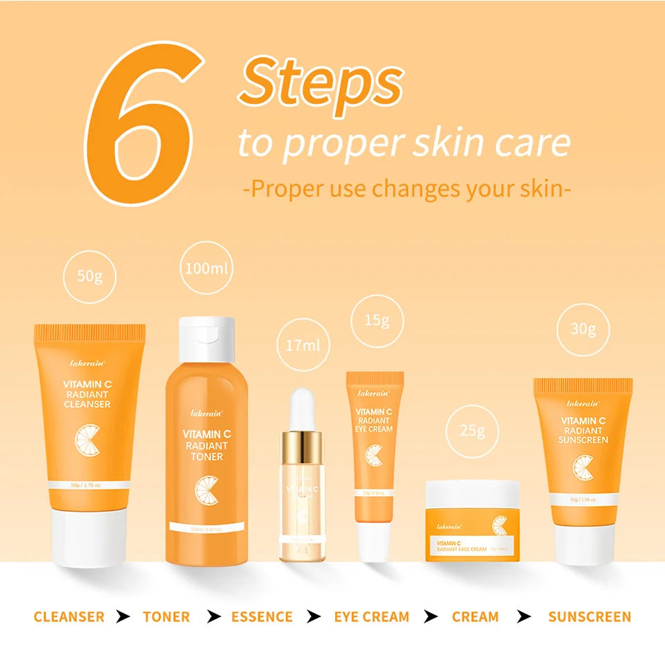 Lakerain Vitamin C Skin Care Set Whitening Cream Dark Spots Serum Dark Circle Eye Facial Cleaning Moisturizing Sunscreen Kits