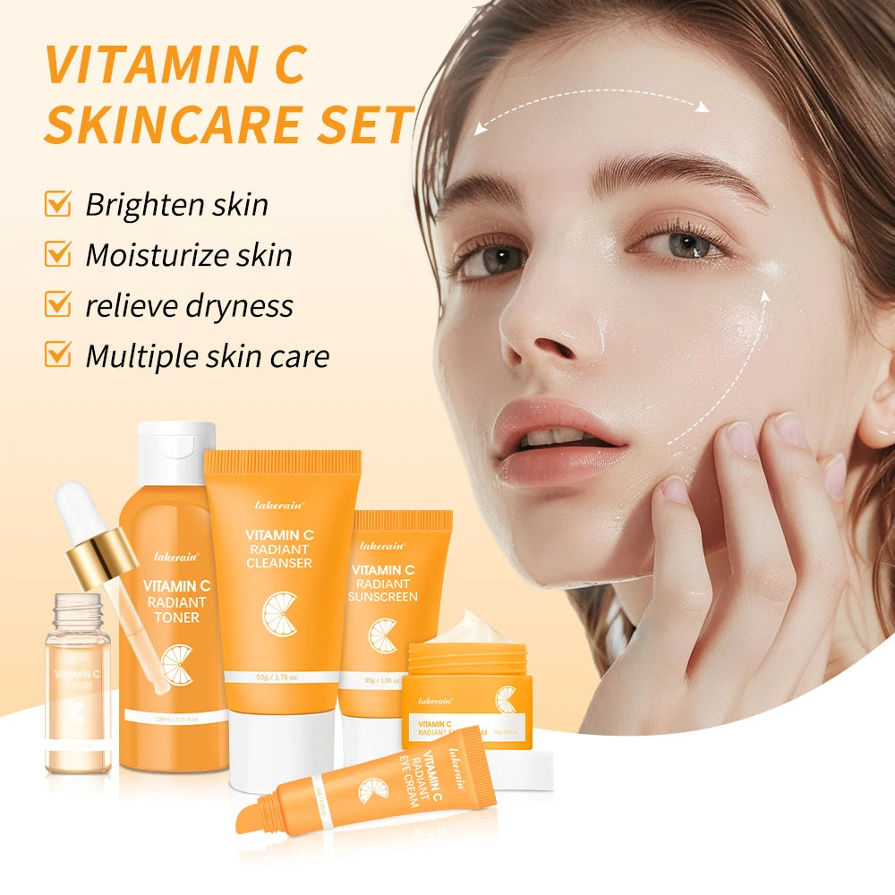 Lakerain Vitamin C Skin Care Set Whitening Cream Dark Spots Serum Dark Circle Eye Facial Cleaning Moisturizing Sunscreen Kits