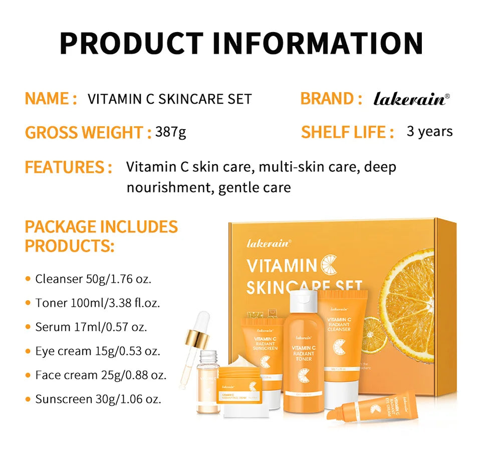 Lakerain Vitamin C Skin Care Set Whitening Cream Dark Spots Serum Dark Circle Eye Facial Cleaning Moisturizing Sunscreen Kits
