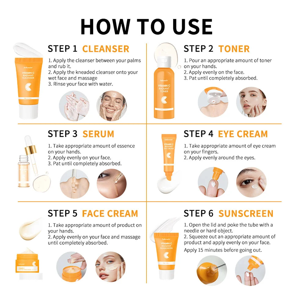 Lakerain Vitamin C Skin Care Set Whitening Cream Dark Spots Serum Dark Circle Eye Facial Cleaning Moisturizing Sunscreen Kits